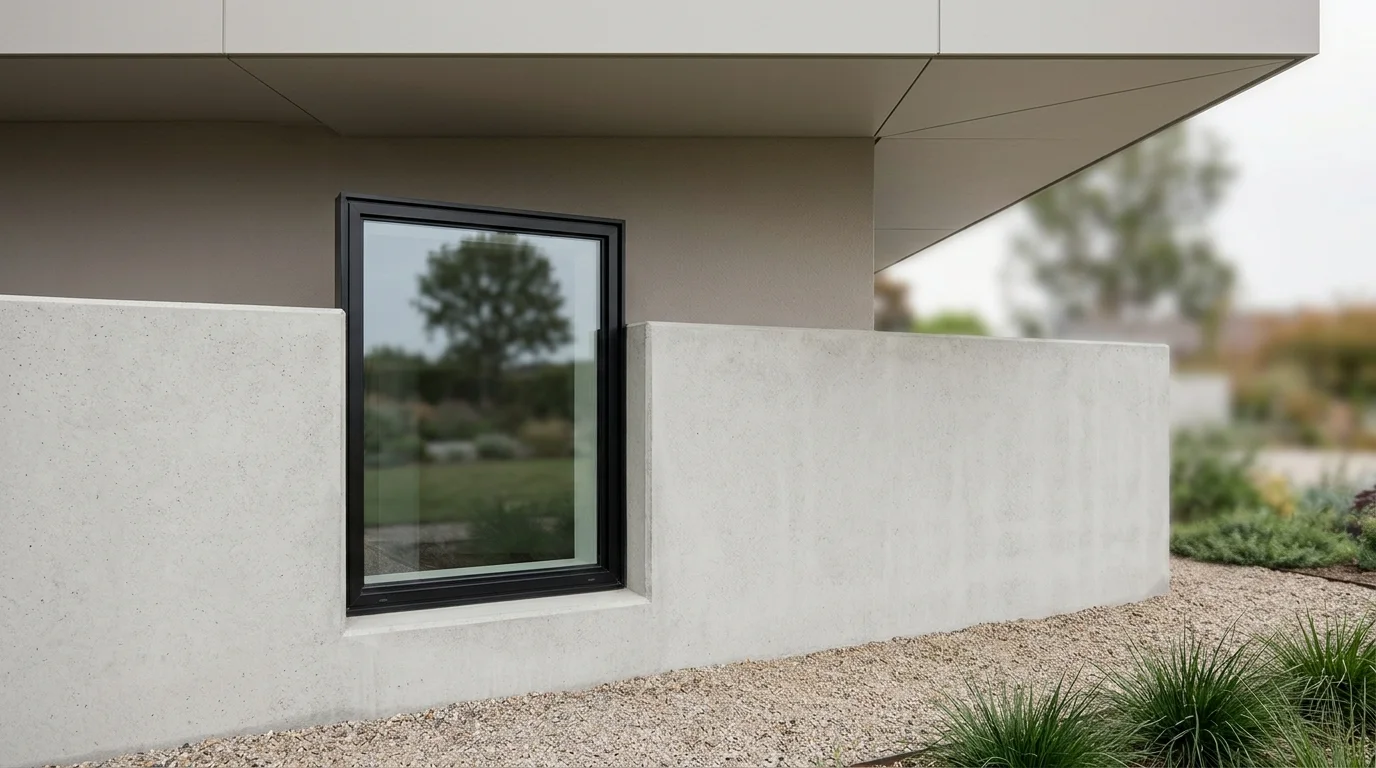 A tightly cropped exterior view of a closed window set into a clean, smooth house foundation, illuminated by daylight.