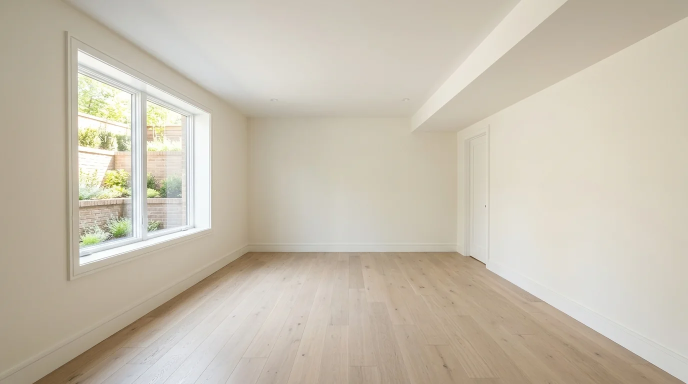 An empty, finished basement with smooth walls and a closed ceiling, illuminated by daylight.