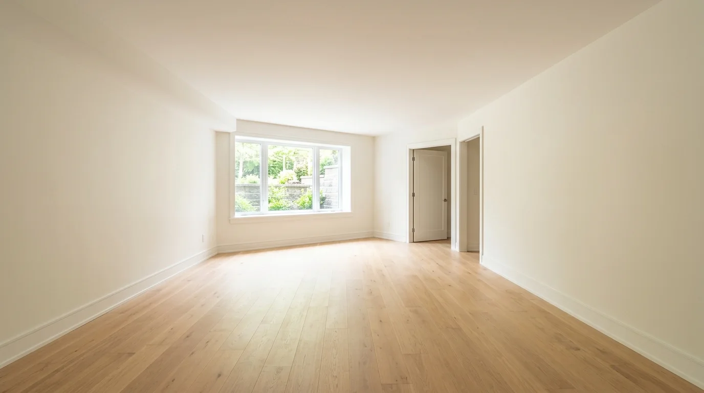Illustrative image of a clean, empty, finished basement with a smooth ceiling, painted walls, and daylight from a window, representing a typical residential interior.
