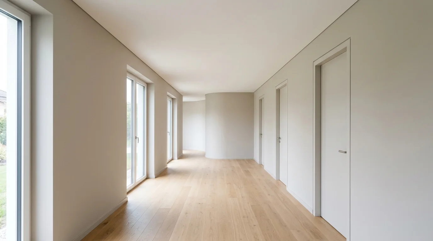 Illustrative image of a clean, finished residential hallway with a smooth, closed ceiling and painted walls, representing a typical interior passage.