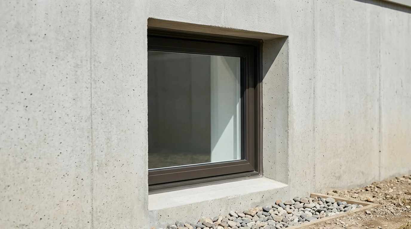 Illustrative image showing a tightly cropped exterior view of a closed window in a house foundation, with clear daylight.