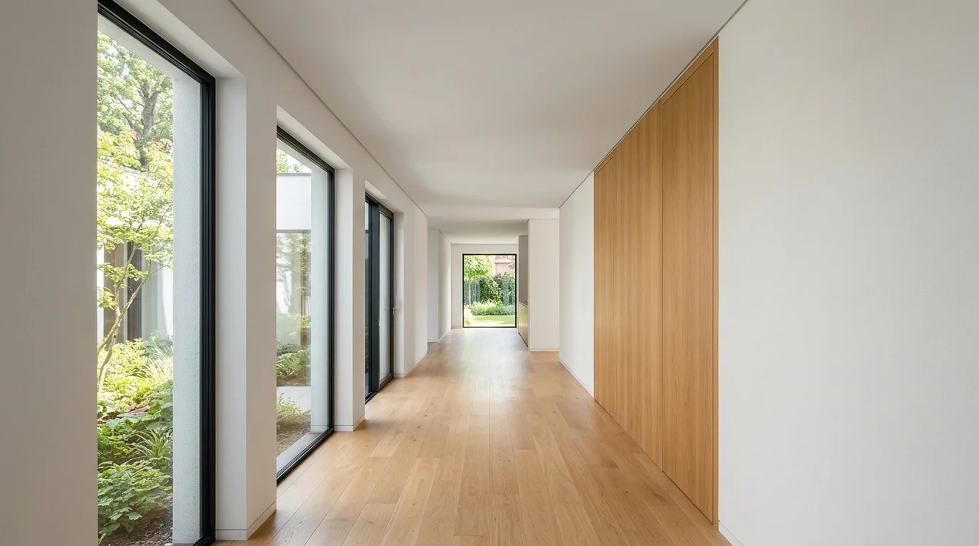 Illustrative image of a bright, finished residential hallway with a smooth, unadorned ceiling, lit by natural daylight.