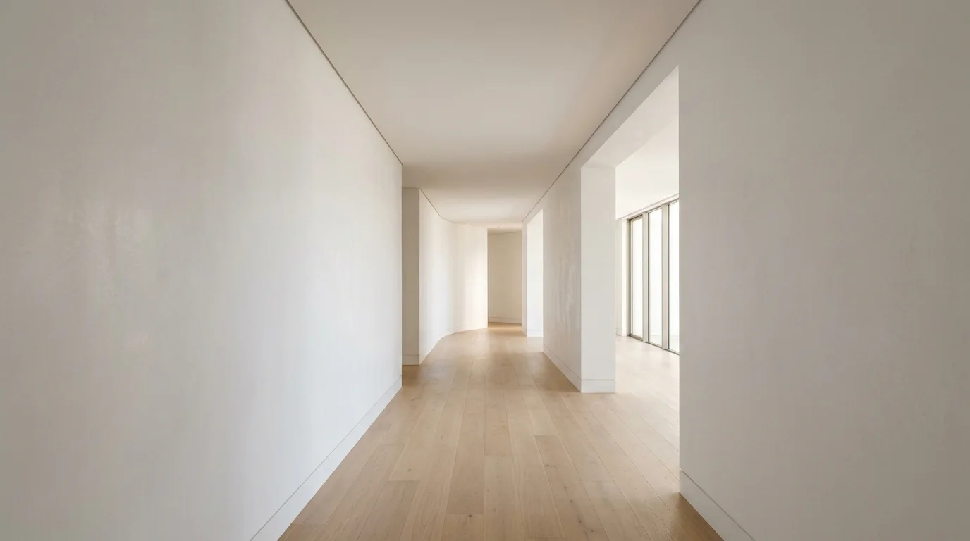 A clean, finished interior hallway with a smooth, closed ceiling and neutral walls, lit by natural daylight.