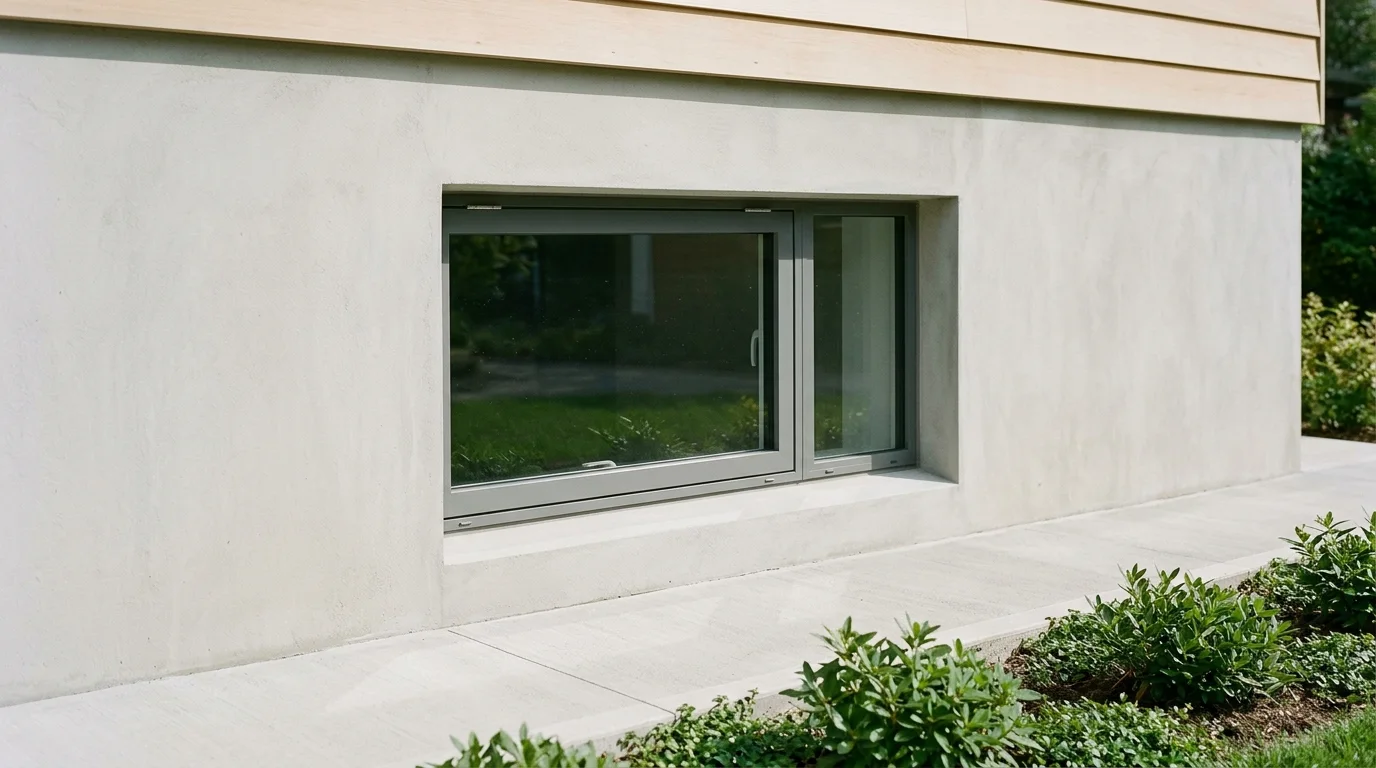 A tightly cropped detail of a closed window in a clean house foundation, seen from the exterior.