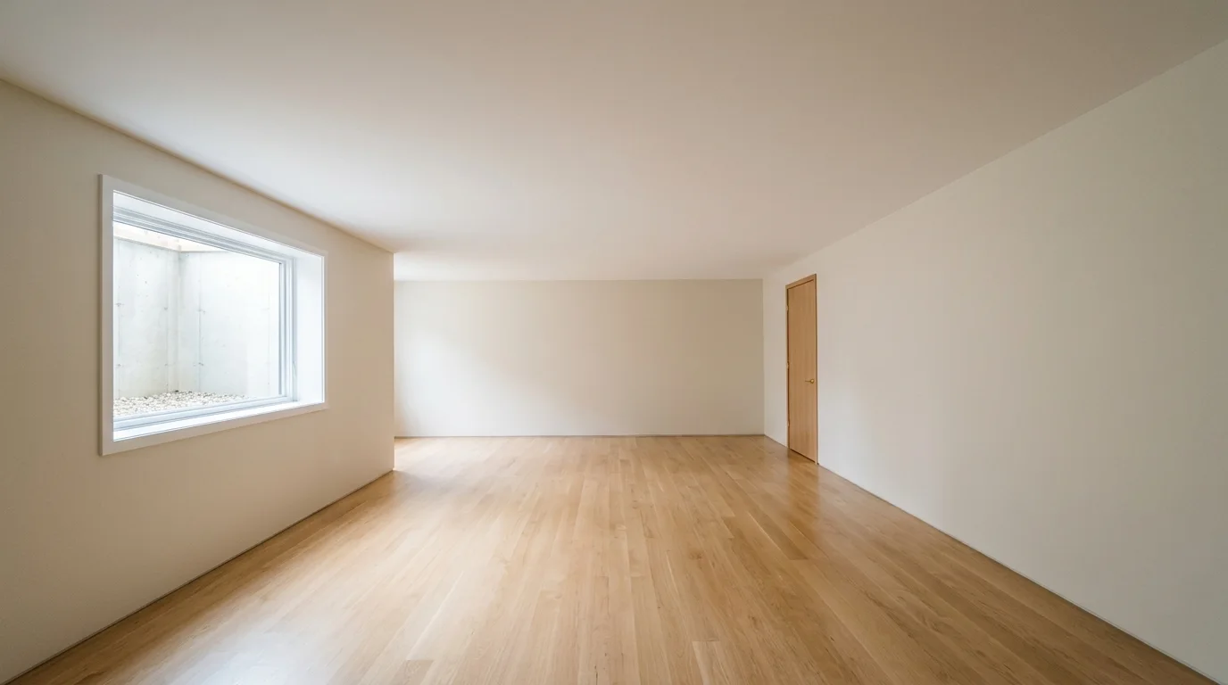 An empty, finished basement with a smooth, closed ceiling and soft daylight, illustrating a typical home interior.