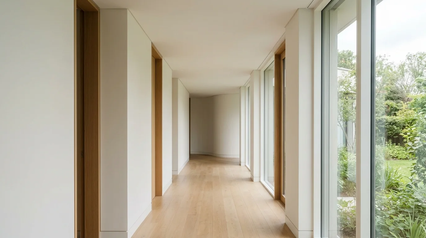 Illustrative image of a clean, finished residential hallway with a smooth, closed ceiling.