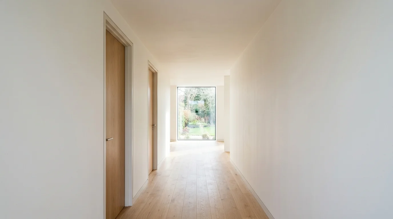 A clean, empty finished residential hallway with smooth walls and a closed ceiling, lit by daylight.