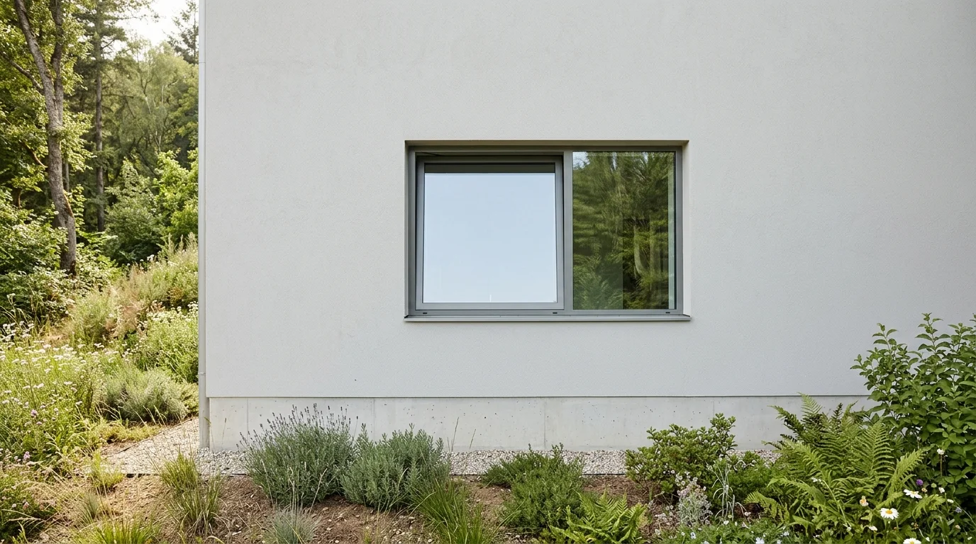 Illustrative image of a tightly cropped detail of a closed window in a finished house foundation, showing the exterior wall, representing a common residential architectural feature.
