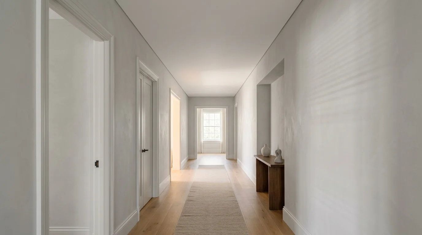 A finished residential hallway with a smooth, closed ceiling, illuminated by natural daylight.