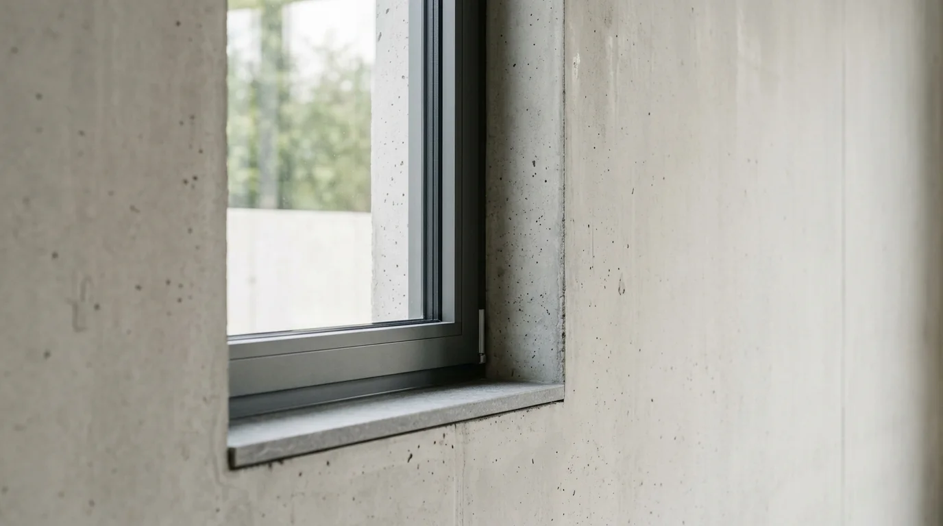 Illustrative image showing a tightly cropped detail of a closed window in a home's foundation.