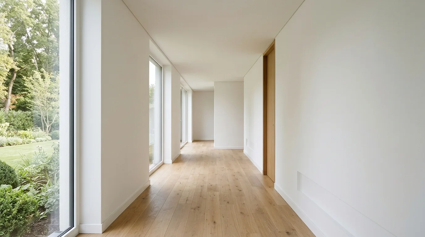 A finished hallway in a modern home with a smooth, closed ceiling, painted walls, and a clean floor, illuminated by daylight.