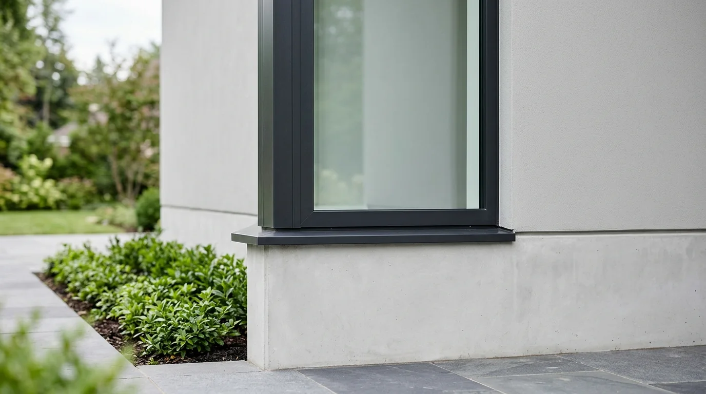A tightly cropped exterior view of a closed window meeting a house foundation, showing architectural detail in daylight.