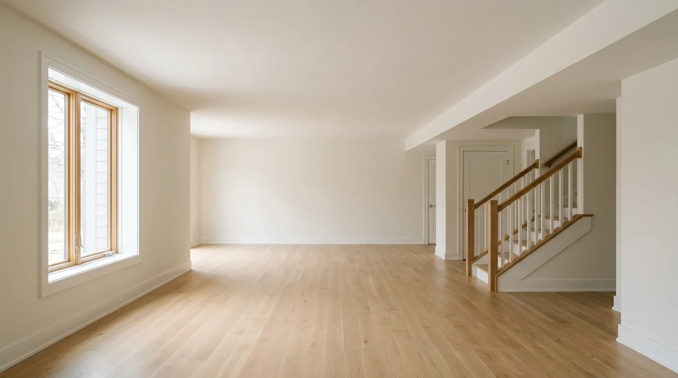 An empty, clean, finished basement with a smooth, closed ceiling and neutral walls, illuminated by soft daylight.