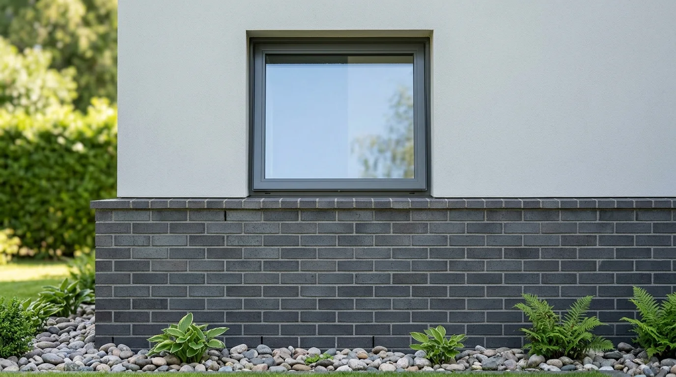 A tightly cropped exterior view showing the foundation and a closed window of a house, with clean architectural details under daylight.