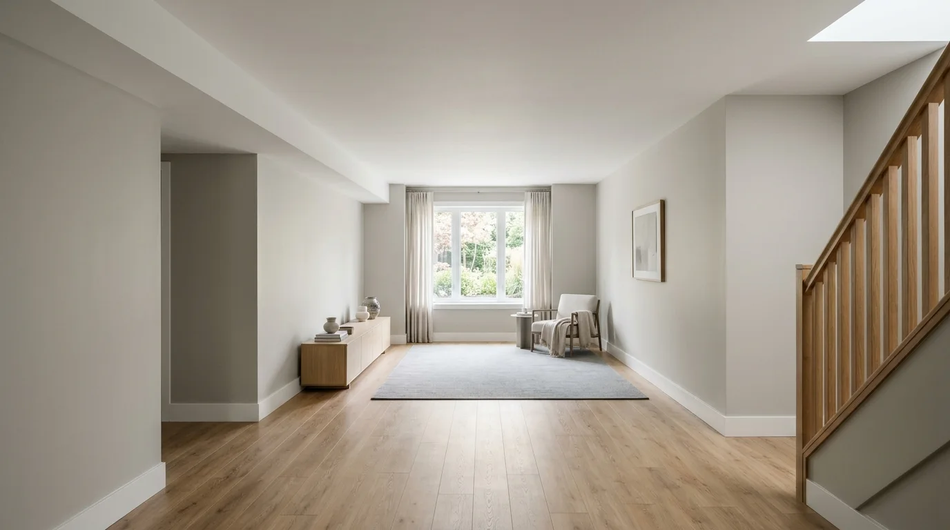 An empty, finished basement with a smooth, closed ceiling, painted walls, and a clean floor, illuminated by daylight.