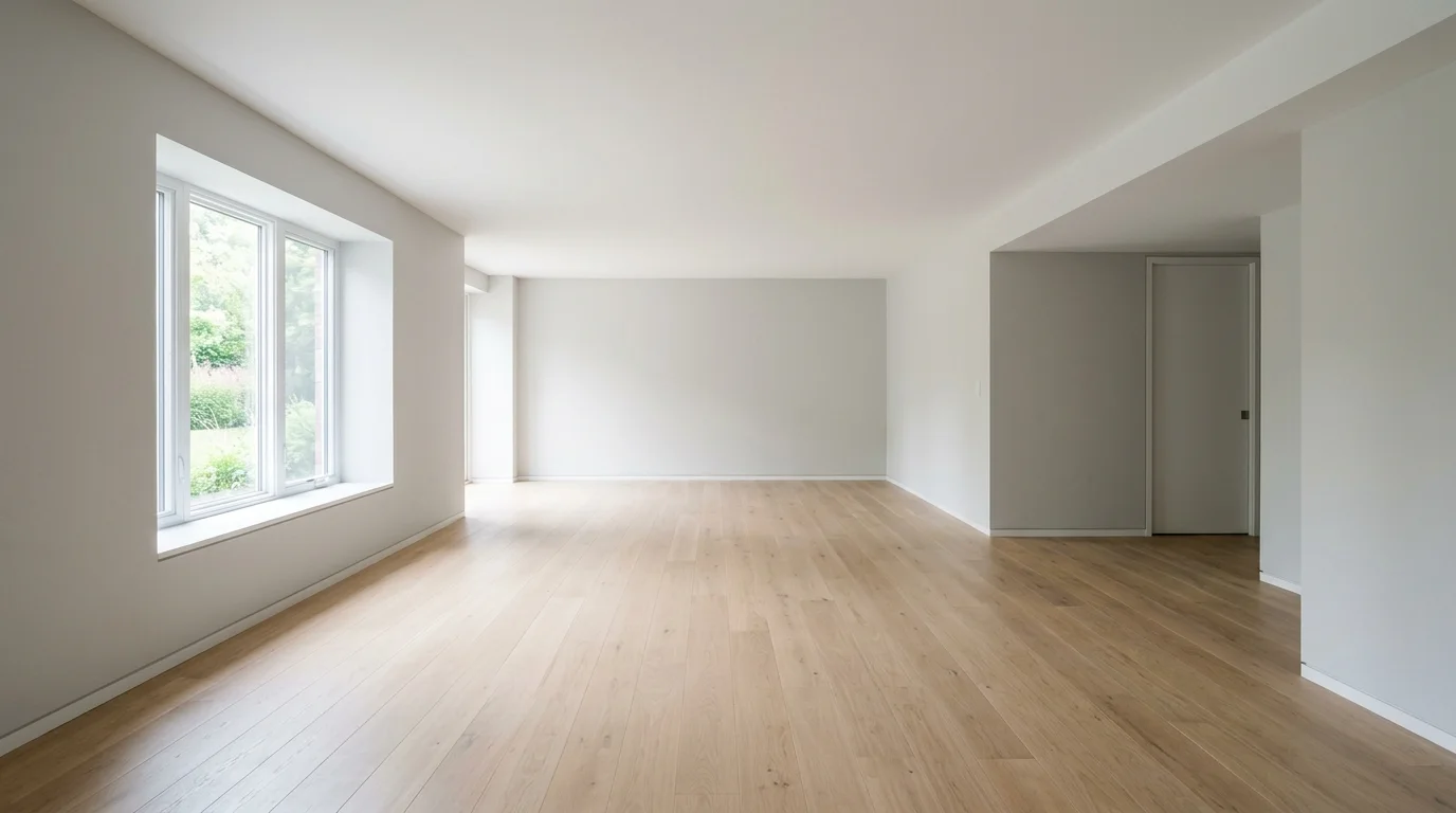 Illustrative image of a clean, empty finished basement with a smooth ceiling and neutral walls, illuminated by natural daylight.